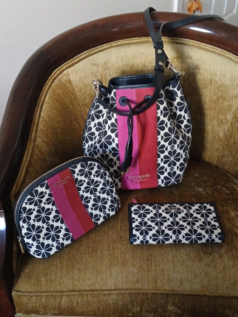 kate spade Black, White & Pink Floral Stripe Crossbody Set